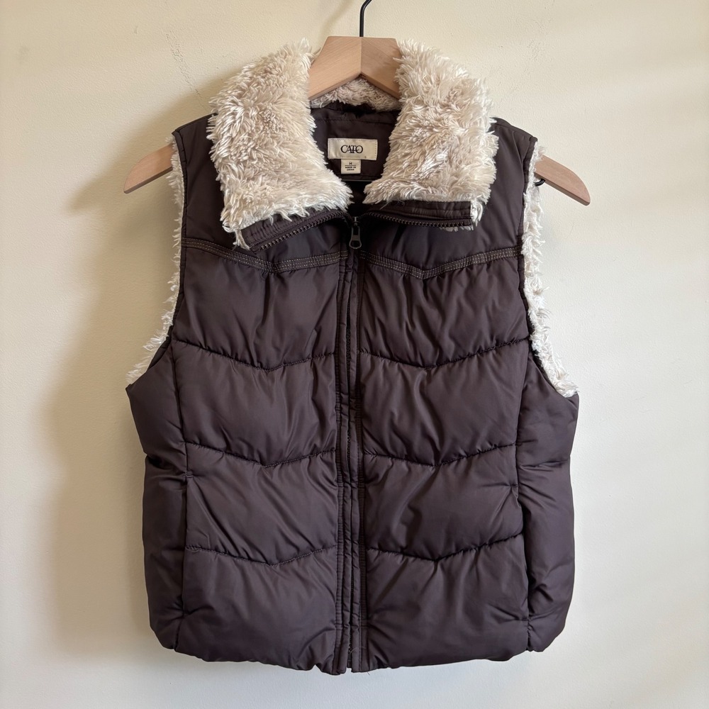 Cato Womens Brown Puffer Vest Faux Fur Trim Quilted Full Zip Sleeveless Jacket M